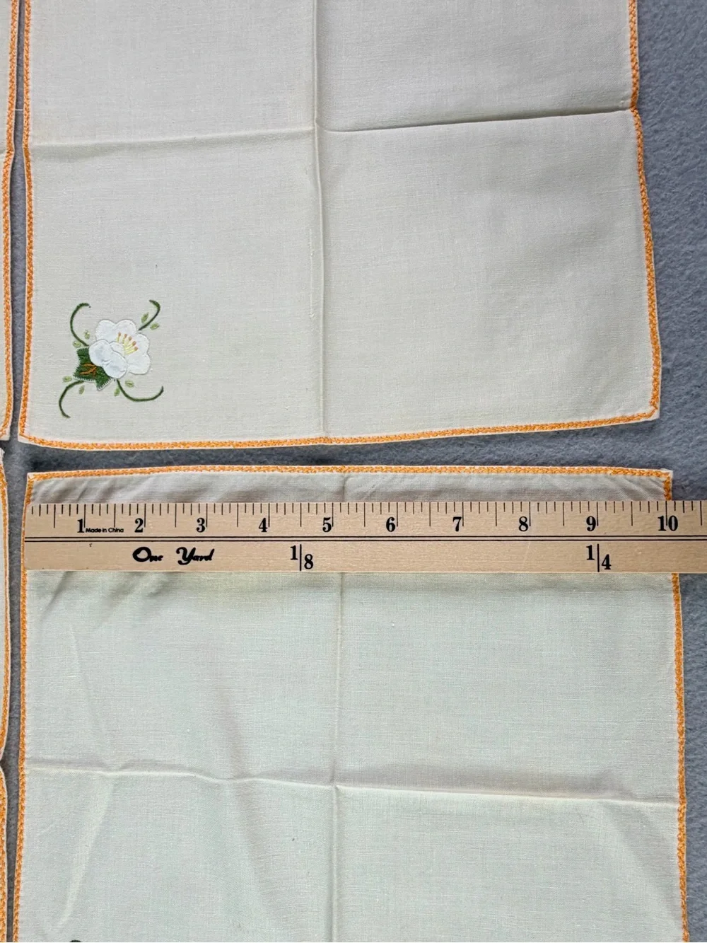Vintage Ivory Embroidered Napkin Set 4 Floral Appliqué Handmade Cottagecore